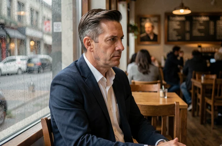 Homme seul et pensif dans un café, regard tourné vers la fenêtre, illustrant la vie privée et le mystère d'une personnalité publique